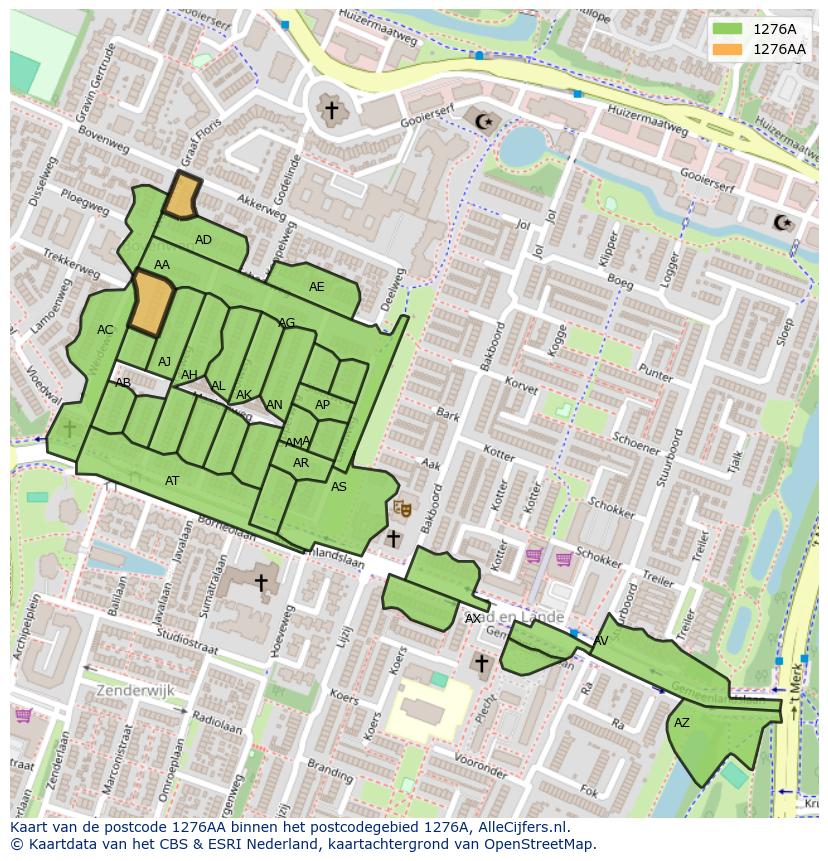 Afbeelding van het postcodegebied 1276 AA op de kaart.