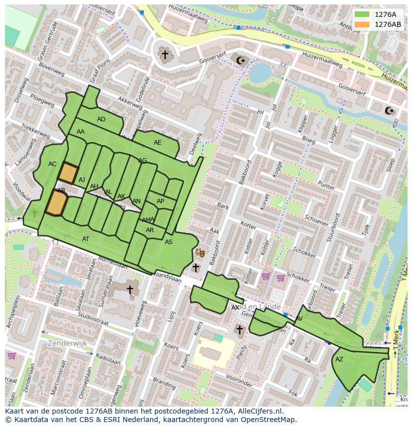 Afbeelding van het postcodegebied 1276 AB op de kaart.