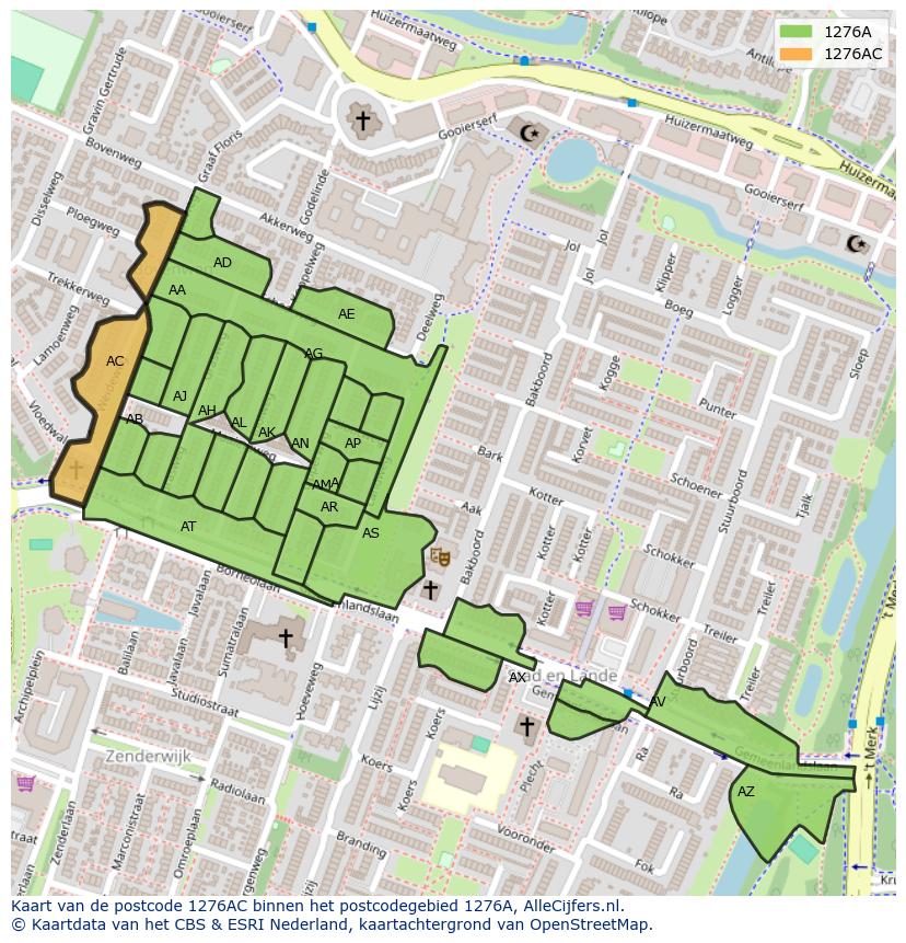 Afbeelding van het postcodegebied 1276 AC op de kaart.