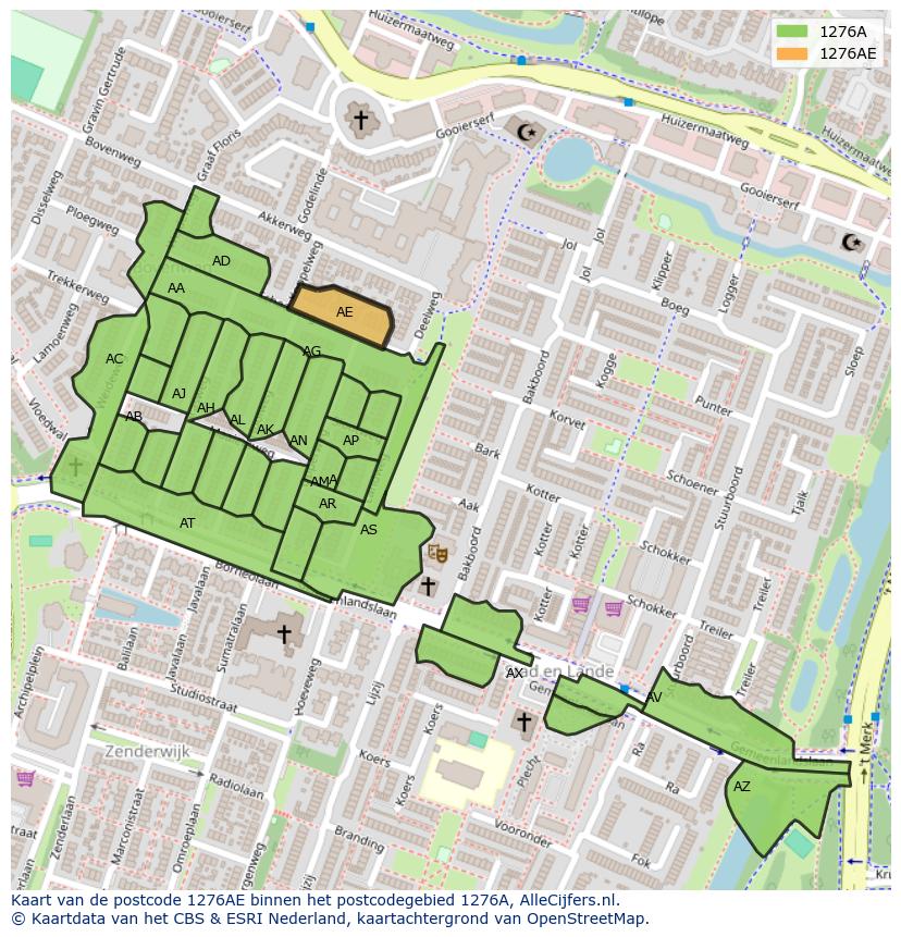 Afbeelding van het postcodegebied 1276 AE op de kaart.