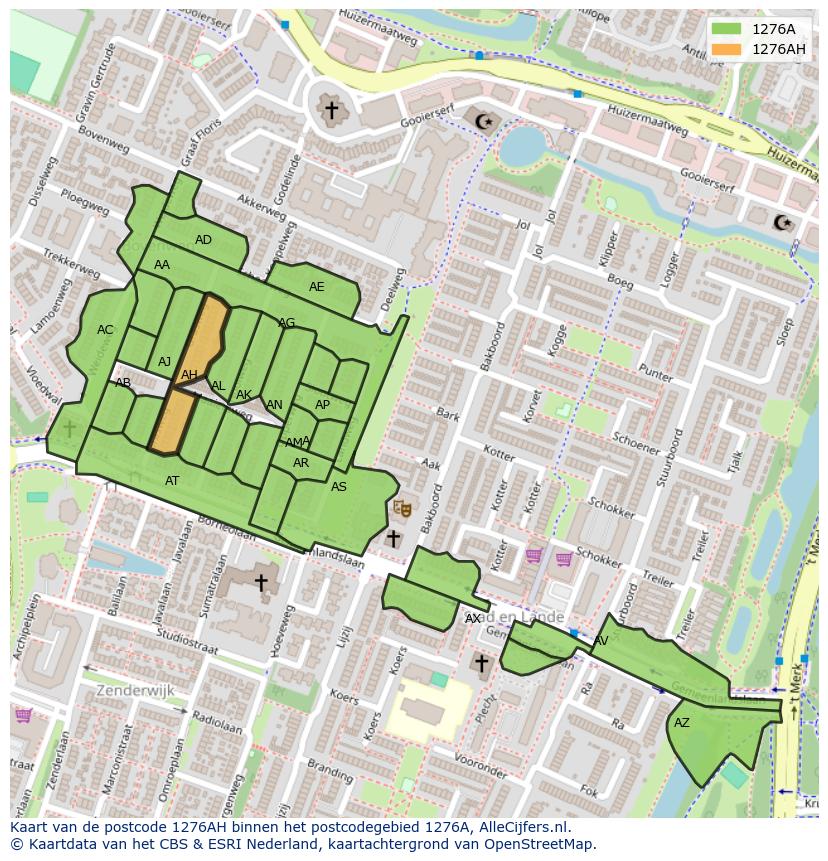 Afbeelding van het postcodegebied 1276 AH op de kaart.