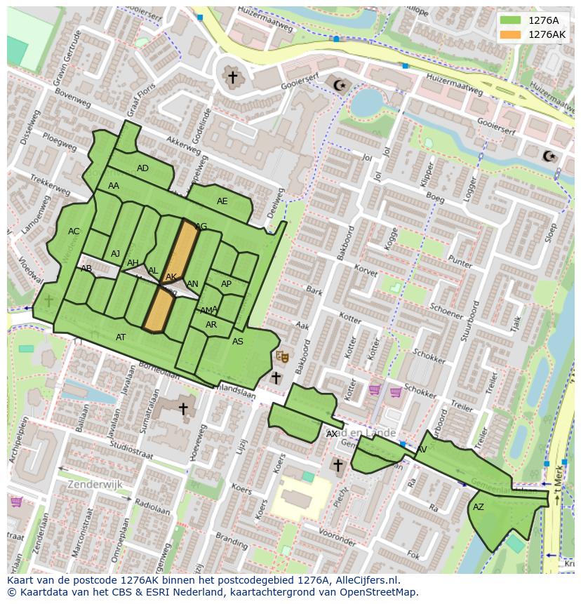 Afbeelding van het postcodegebied 1276 AK op de kaart.