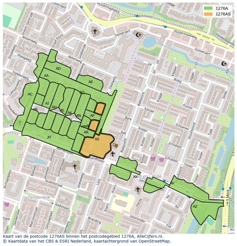 Afbeelding van het postcodegebied 1276 AS op de kaart.