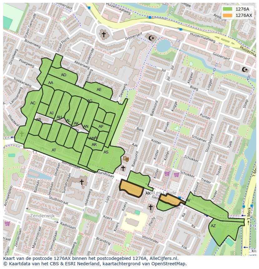Afbeelding van het postcodegebied 1276 AX op de kaart.
