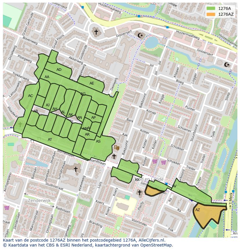 Afbeelding van het postcodegebied 1276 AZ op de kaart.
