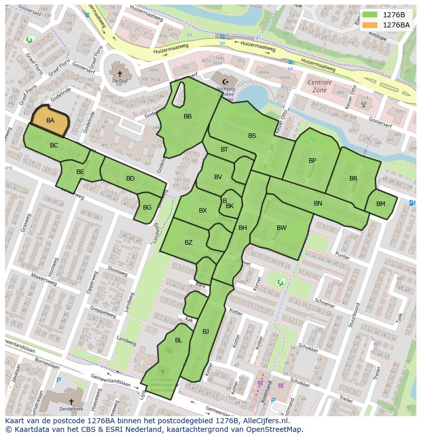 Afbeelding van het postcodegebied 1276 BA op de kaart.