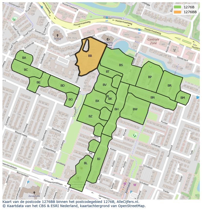 Afbeelding van het postcodegebied 1276 BB op de kaart.