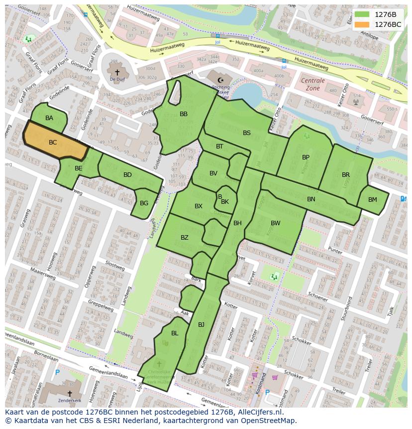 Afbeelding van het postcodegebied 1276 BC op de kaart.