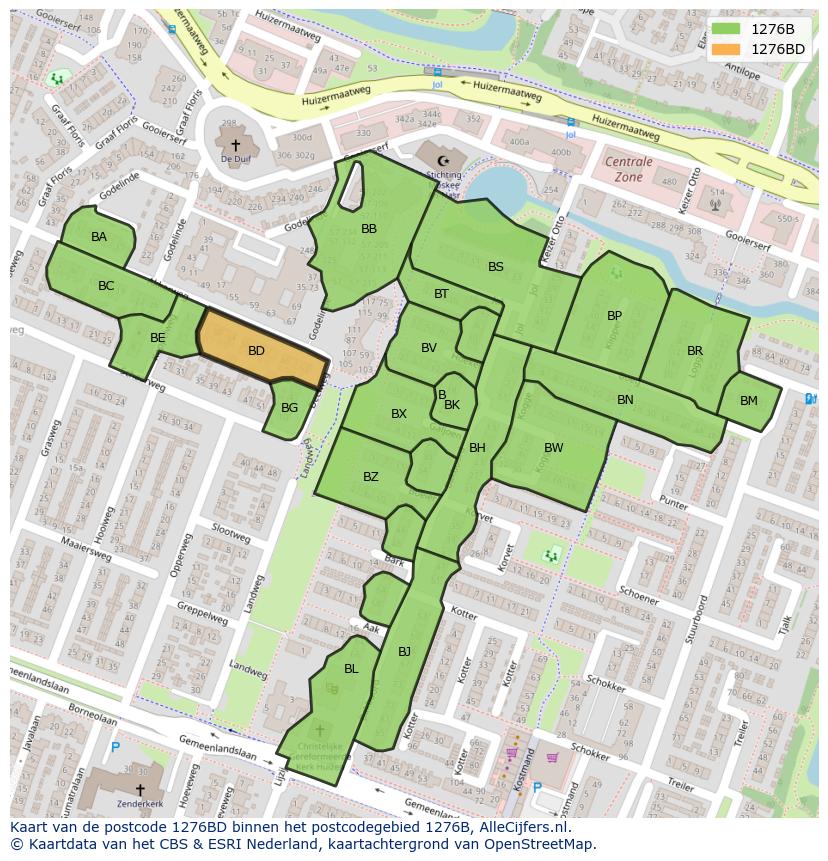 Afbeelding van het postcodegebied 1276 BD op de kaart.