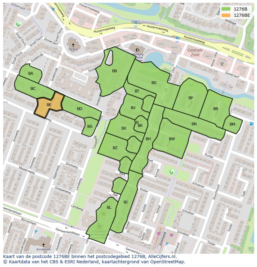Afbeelding van het postcodegebied 1276 BE op de kaart.