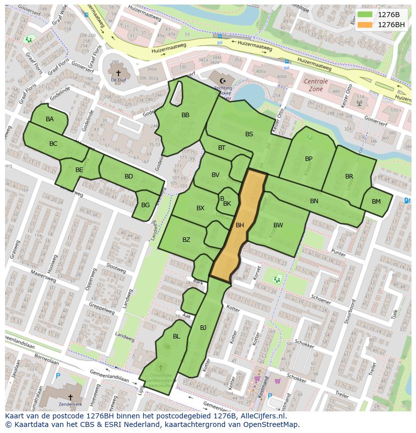Afbeelding van het postcodegebied 1276 BH op de kaart.