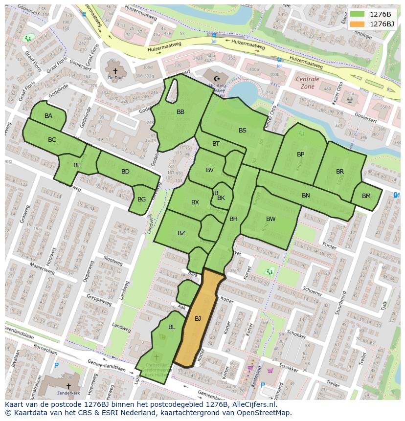 Afbeelding van het postcodegebied 1276 BJ op de kaart.
