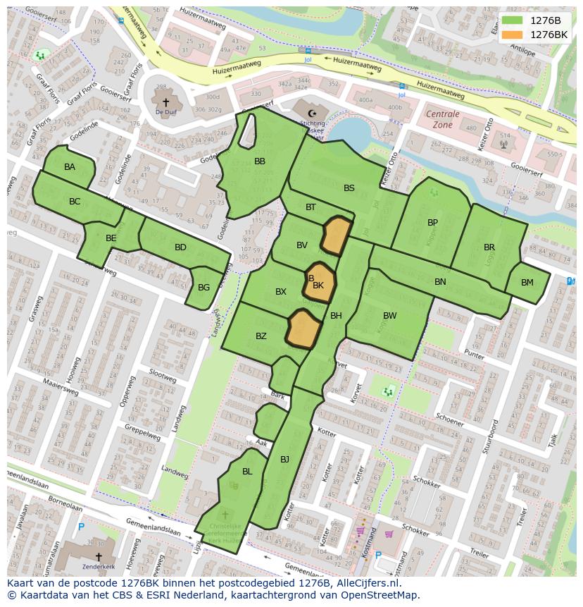 Afbeelding van het postcodegebied 1276 BK op de kaart.