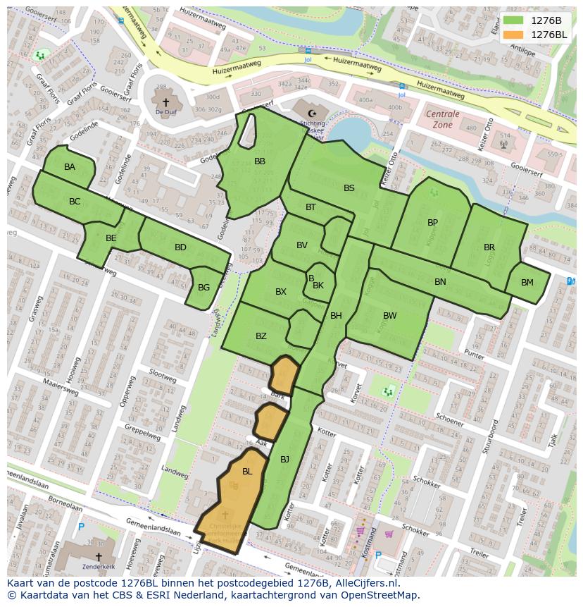 Afbeelding van het postcodegebied 1276 BL op de kaart.