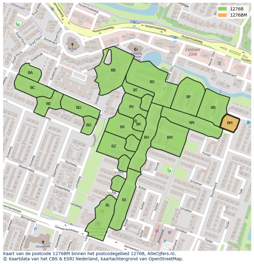 Afbeelding van het postcodegebied 1276 BM op de kaart.