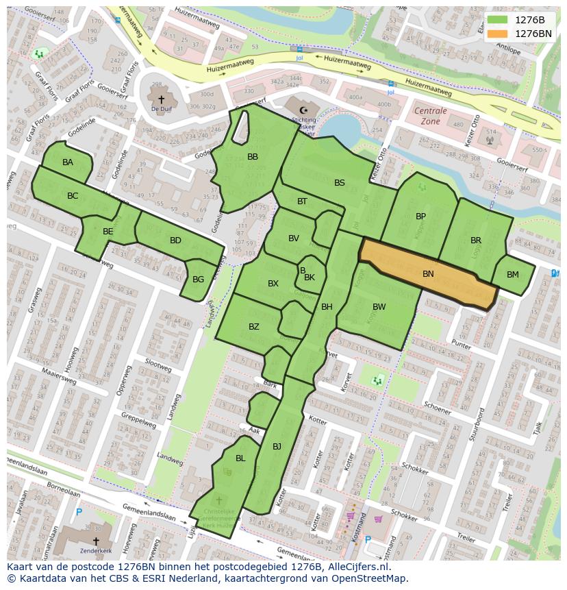 Afbeelding van het postcodegebied 1276 BN op de kaart.