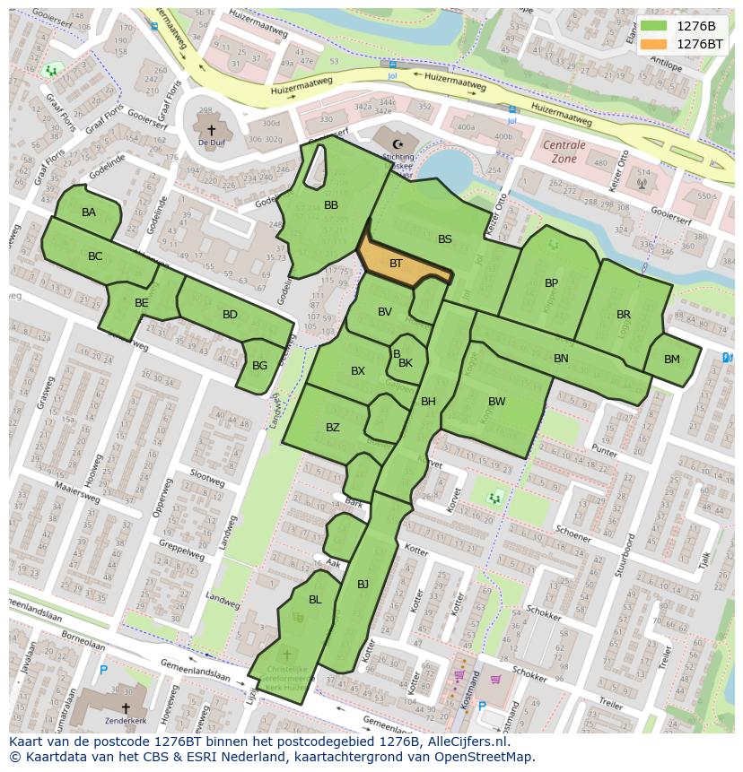 Afbeelding van het postcodegebied 1276 BT op de kaart.