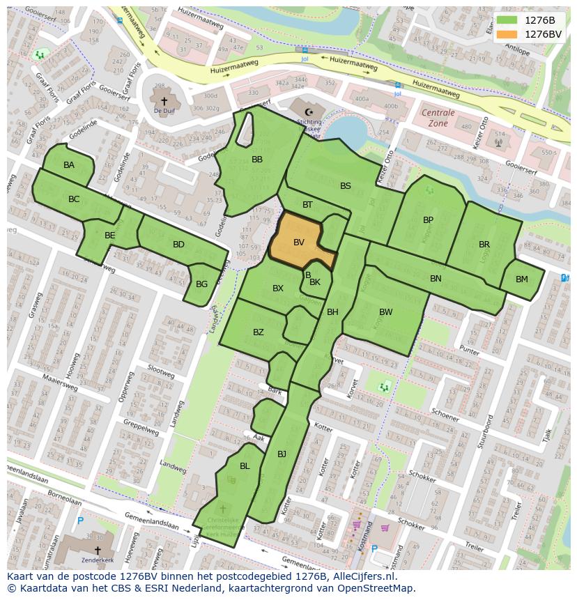 Afbeelding van het postcodegebied 1276 BV op de kaart.