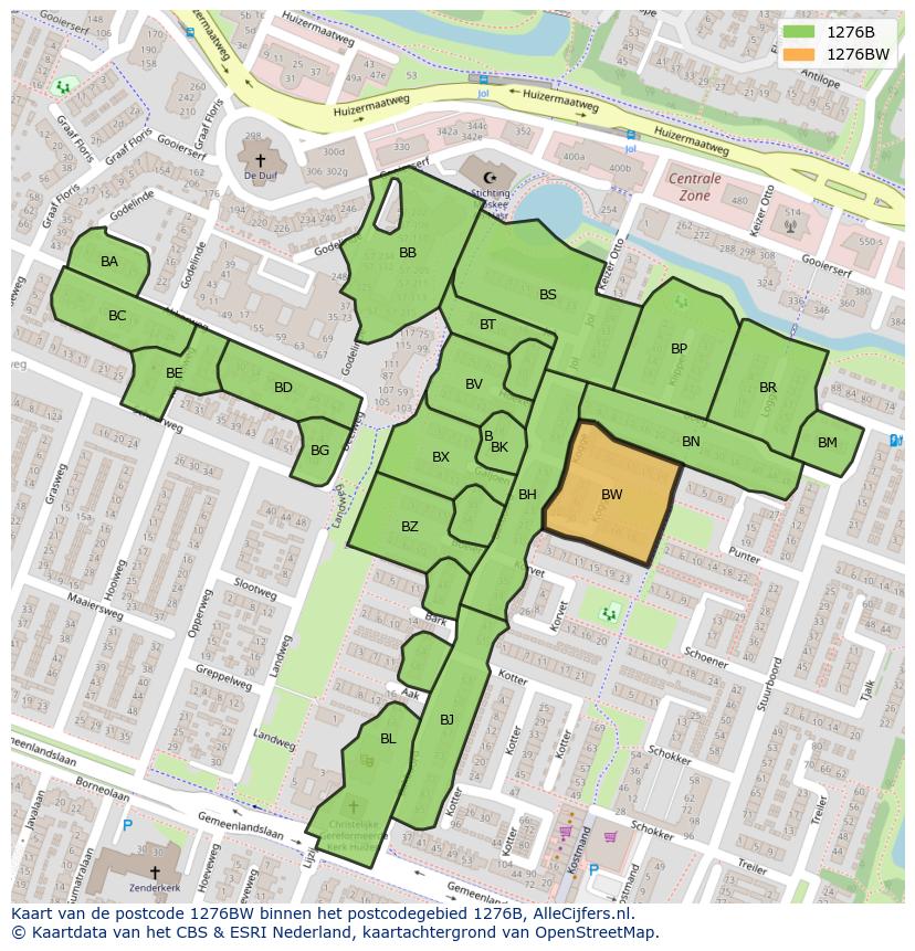 Afbeelding van het postcodegebied 1276 BW op de kaart.