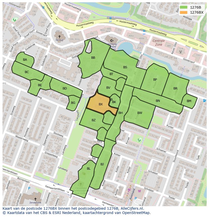 Afbeelding van het postcodegebied 1276 BX op de kaart.