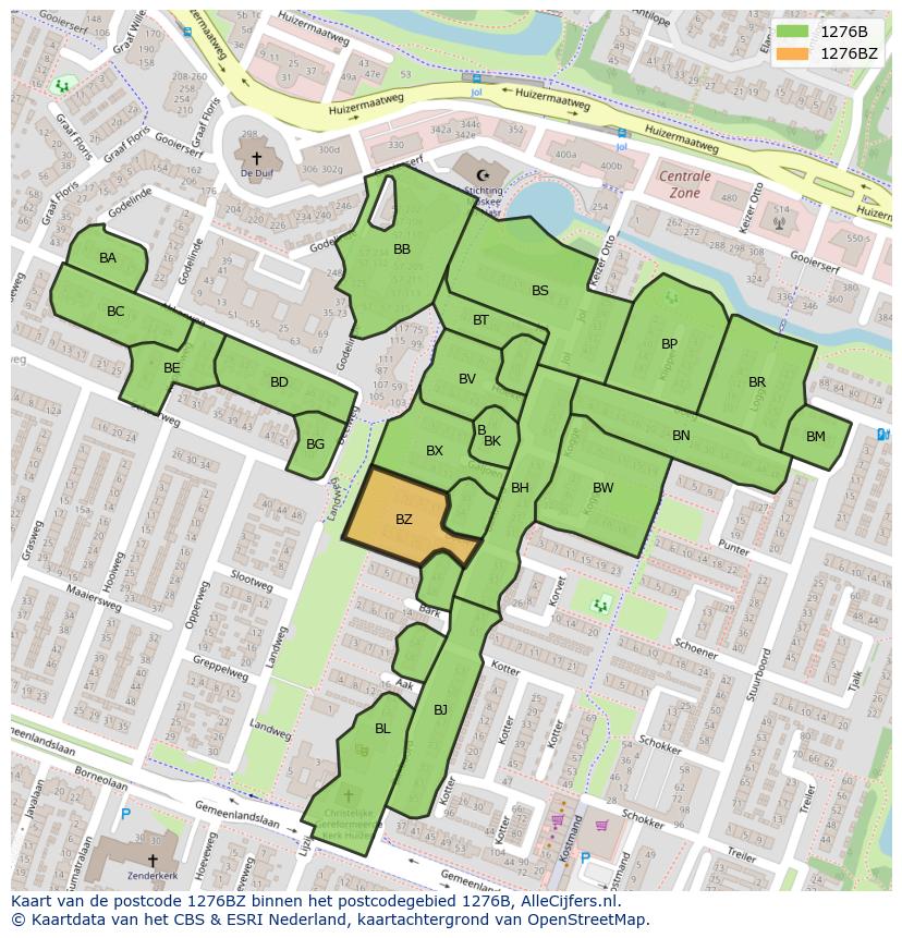 Afbeelding van het postcodegebied 1276 BZ op de kaart.
