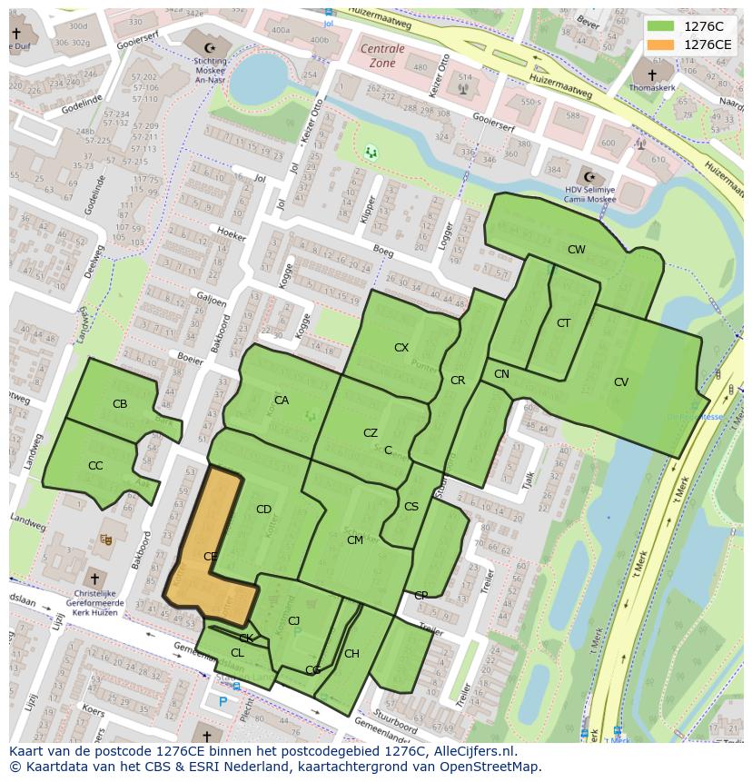 Afbeelding van het postcodegebied 1276 CE op de kaart.