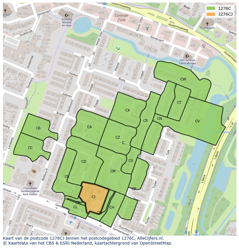 Afbeelding van het postcodegebied 1276 CJ op de kaart.