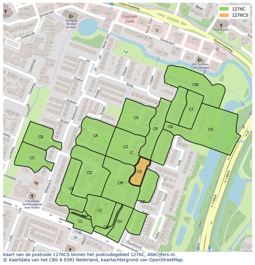Afbeelding van het postcodegebied 1276 CS op de kaart.