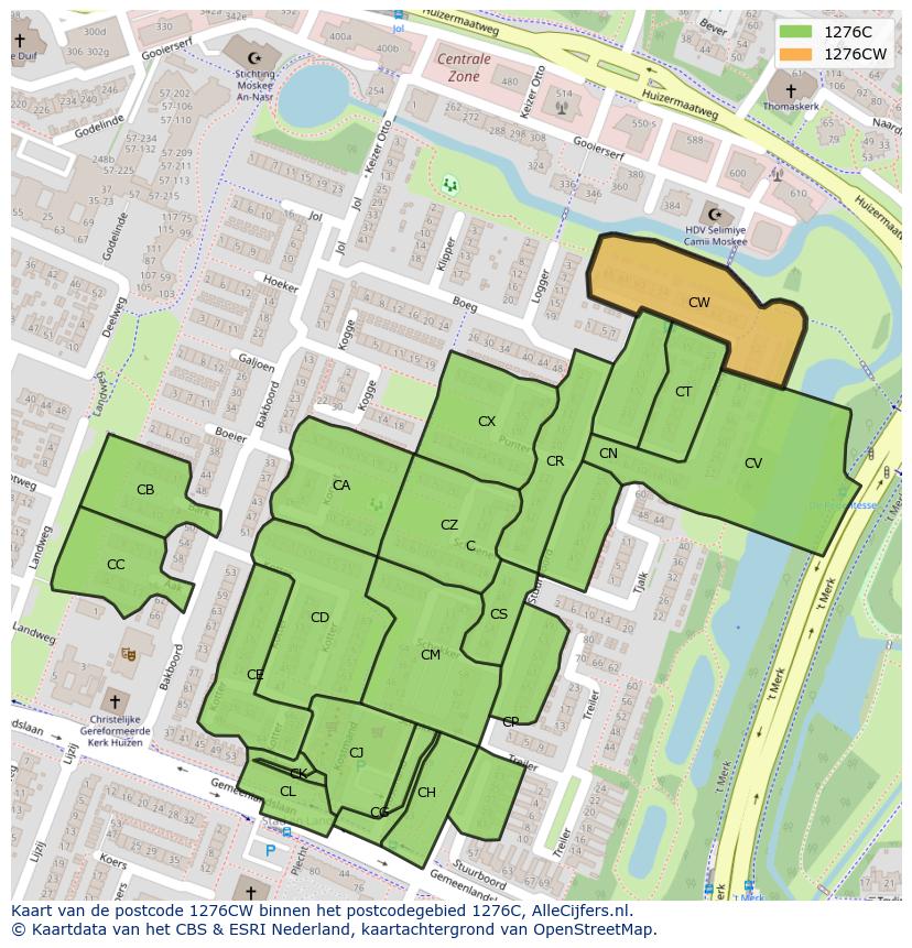 Afbeelding van het postcodegebied 1276 CW op de kaart.