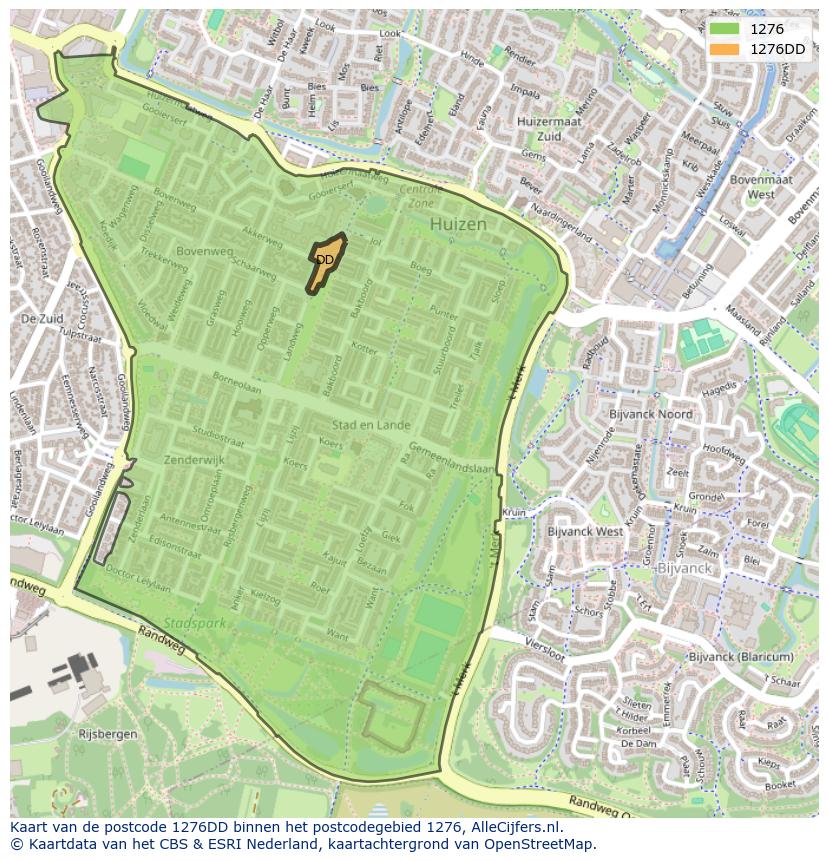 Afbeelding van het postcodegebied 1276 DD op de kaart.