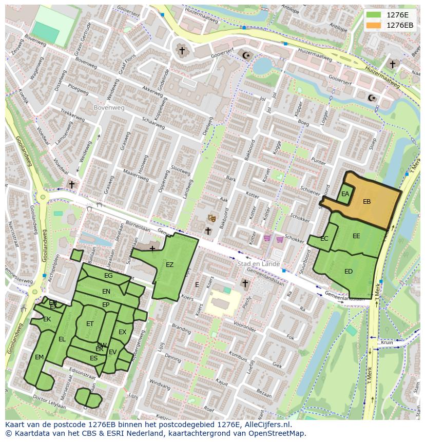 Afbeelding van het postcodegebied 1276 EB op de kaart.