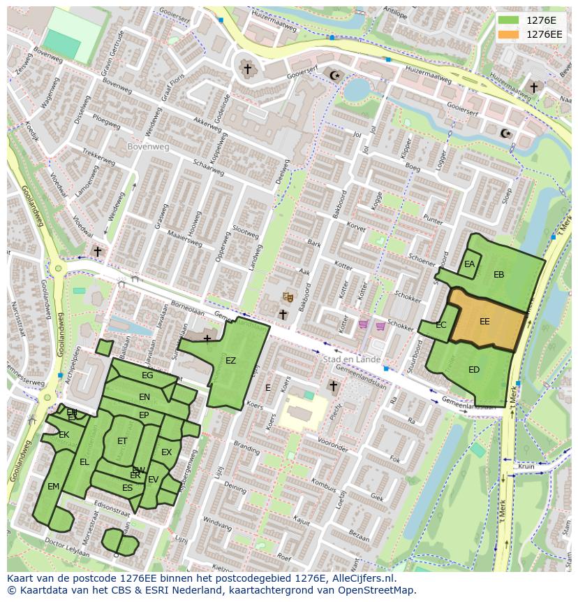 Afbeelding van het postcodegebied 1276 EE op de kaart.