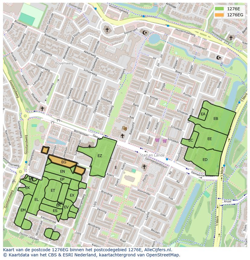 Afbeelding van het postcodegebied 1276 EG op de kaart.