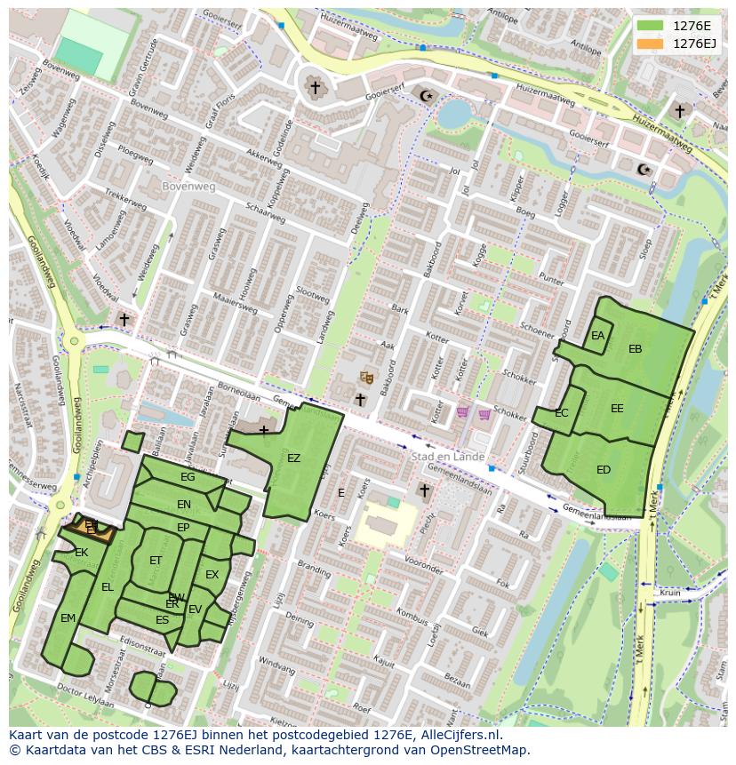 Afbeelding van het postcodegebied 1276 EJ op de kaart.