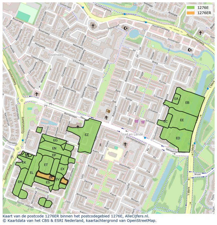 Afbeelding van het postcodegebied 1276 ER op de kaart.