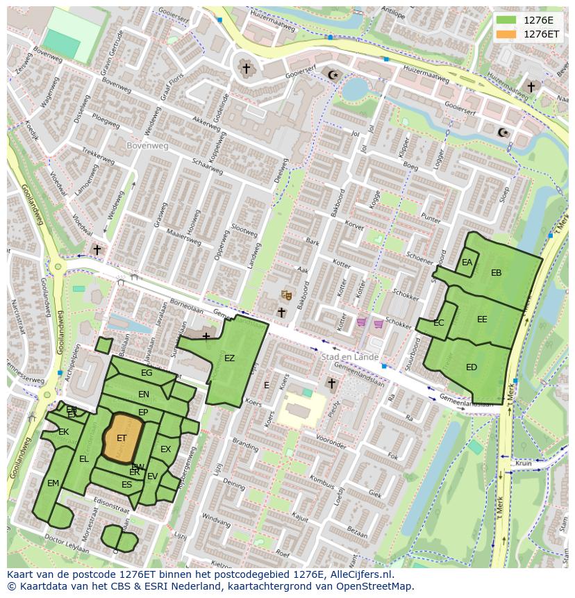 Afbeelding van het postcodegebied 1276 ET op de kaart.