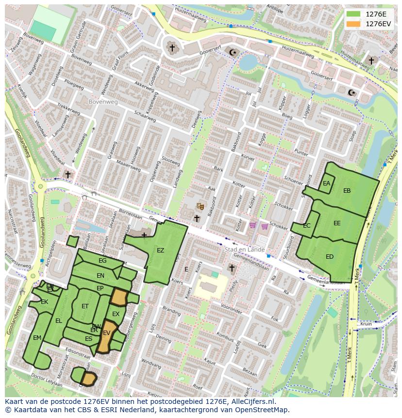 Afbeelding van het postcodegebied 1276 EV op de kaart.