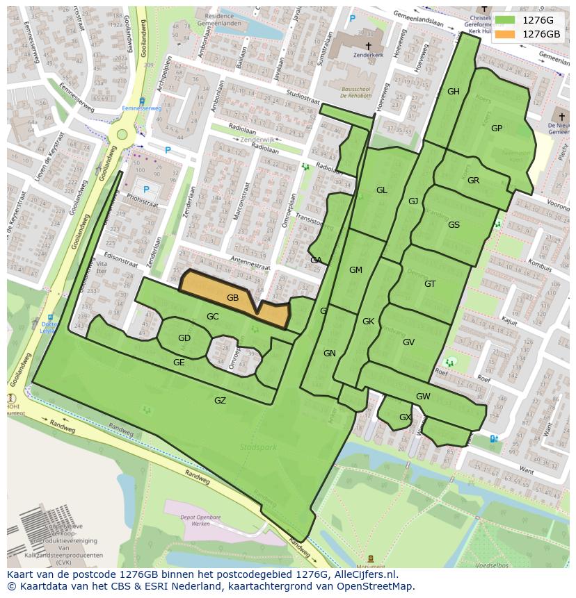 Afbeelding van het postcodegebied 1276 GB op de kaart.
