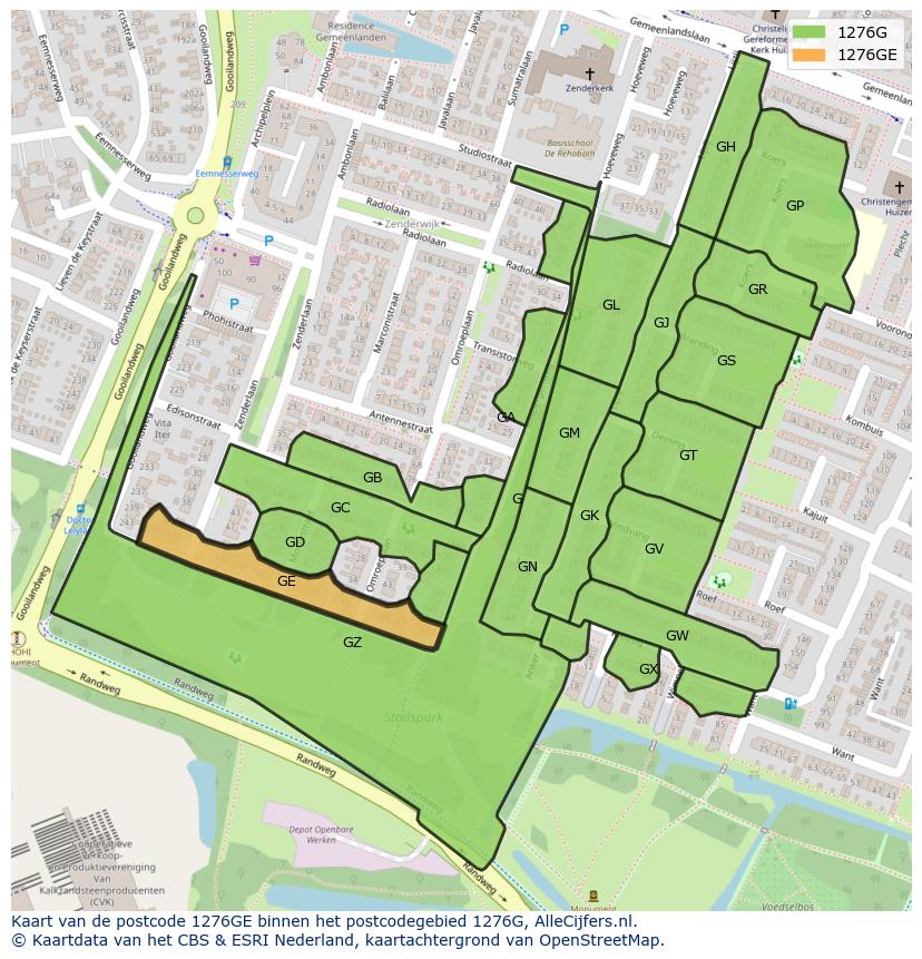 Afbeelding van het postcodegebied 1276 GE op de kaart.