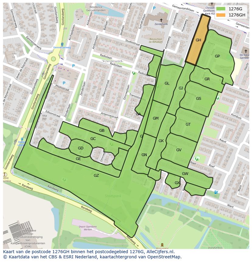 Afbeelding van het postcodegebied 1276 GH op de kaart.