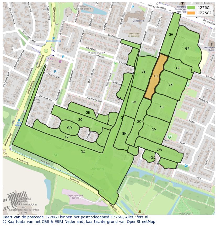 Afbeelding van het postcodegebied 1276 GJ op de kaart.