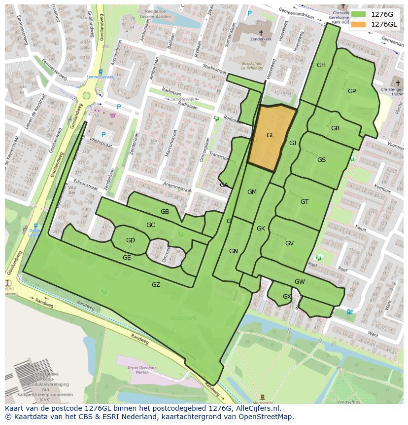 Afbeelding van het postcodegebied 1276 GL op de kaart.