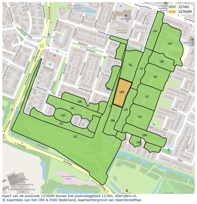 Afbeelding van het postcodegebied 1276 GM op de kaart.