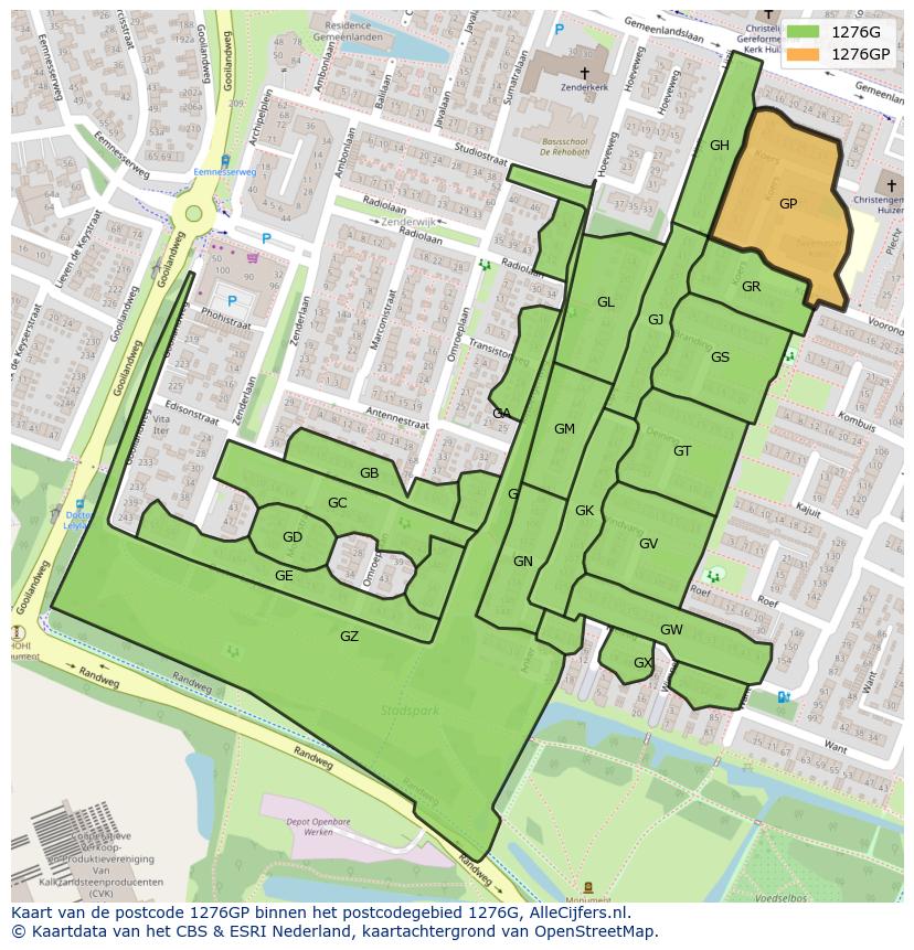 Afbeelding van het postcodegebied 1276 GP op de kaart.