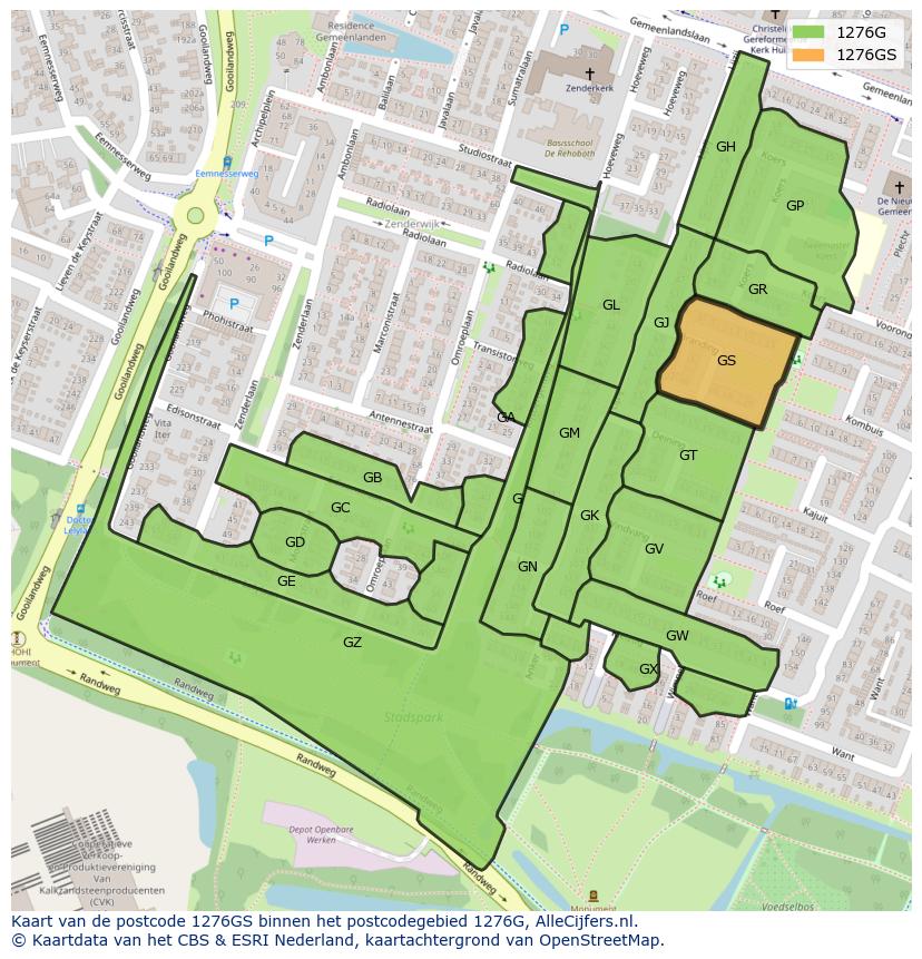 Afbeelding van het postcodegebied 1276 GS op de kaart.