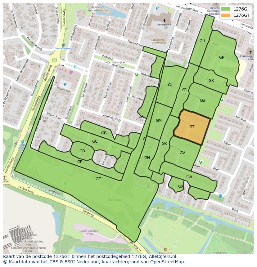 Afbeelding van het postcodegebied 1276 GT op de kaart.