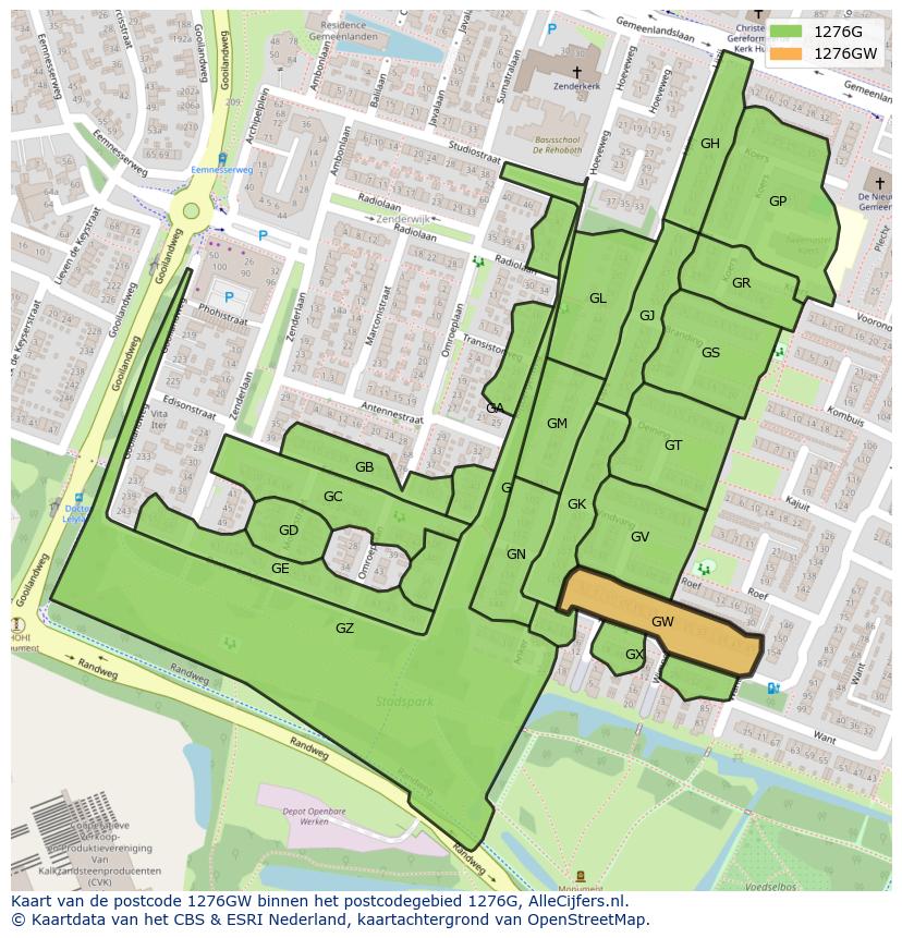 Afbeelding van het postcodegebied 1276 GW op de kaart.