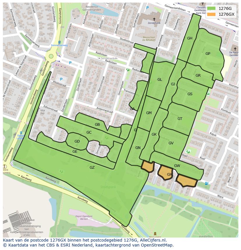 Afbeelding van het postcodegebied 1276 GX op de kaart.