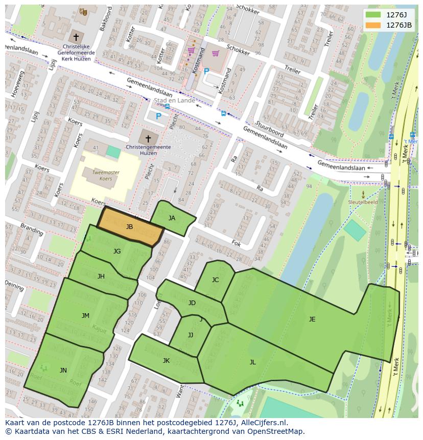 Afbeelding van het postcodegebied 1276 JB op de kaart.
