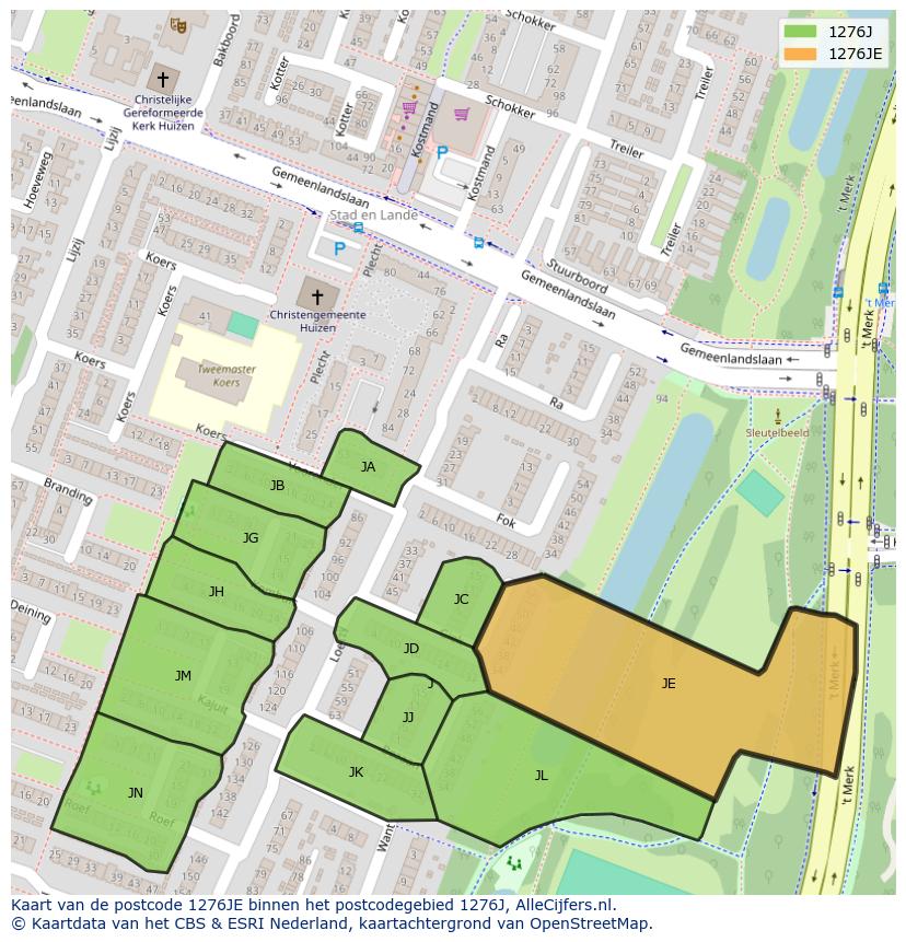 Afbeelding van het postcodegebied 1276 JE op de kaart.